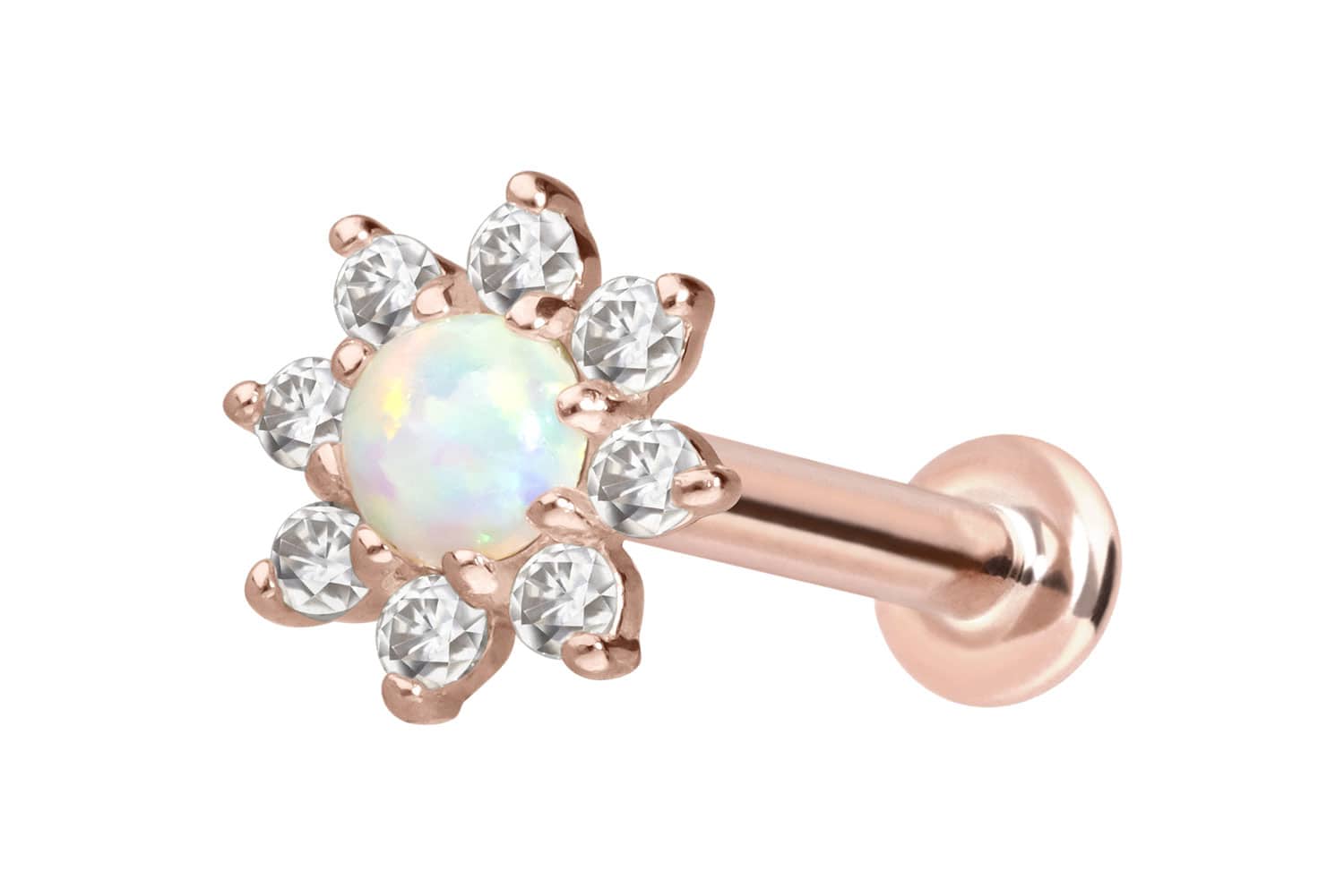 14 Karat Gold Labret Piercing mit Push Fit MOISSANIT-BLUME + SYNTHETISCHER OPAL